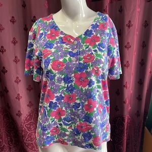 3/$20 Jantzen Classics Pink, Blue & Purple Floral Button Tee-Shirt Size Small